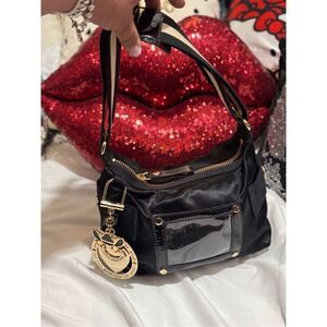 Vintage black satin juicy couture shoulder/handbagw/original frog & circle charm